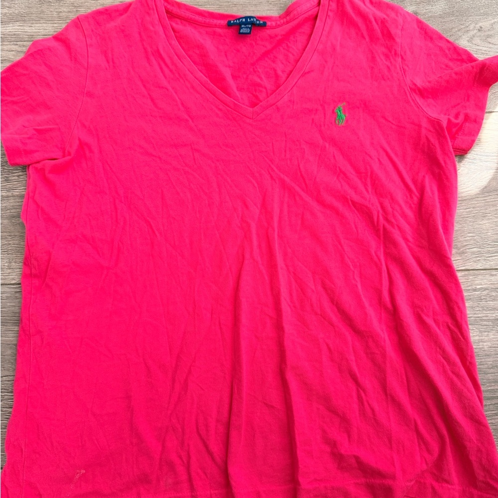 Ralph Lauren Hot Pink V-Neck Polo Tee with Green Logo